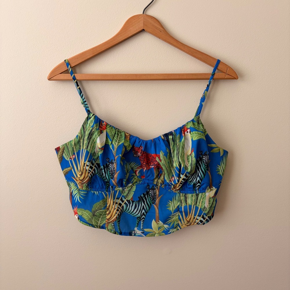 Safari‎ Smocked Bustier Crop Top L Blue Zebra Animal Print Beachy Push Up